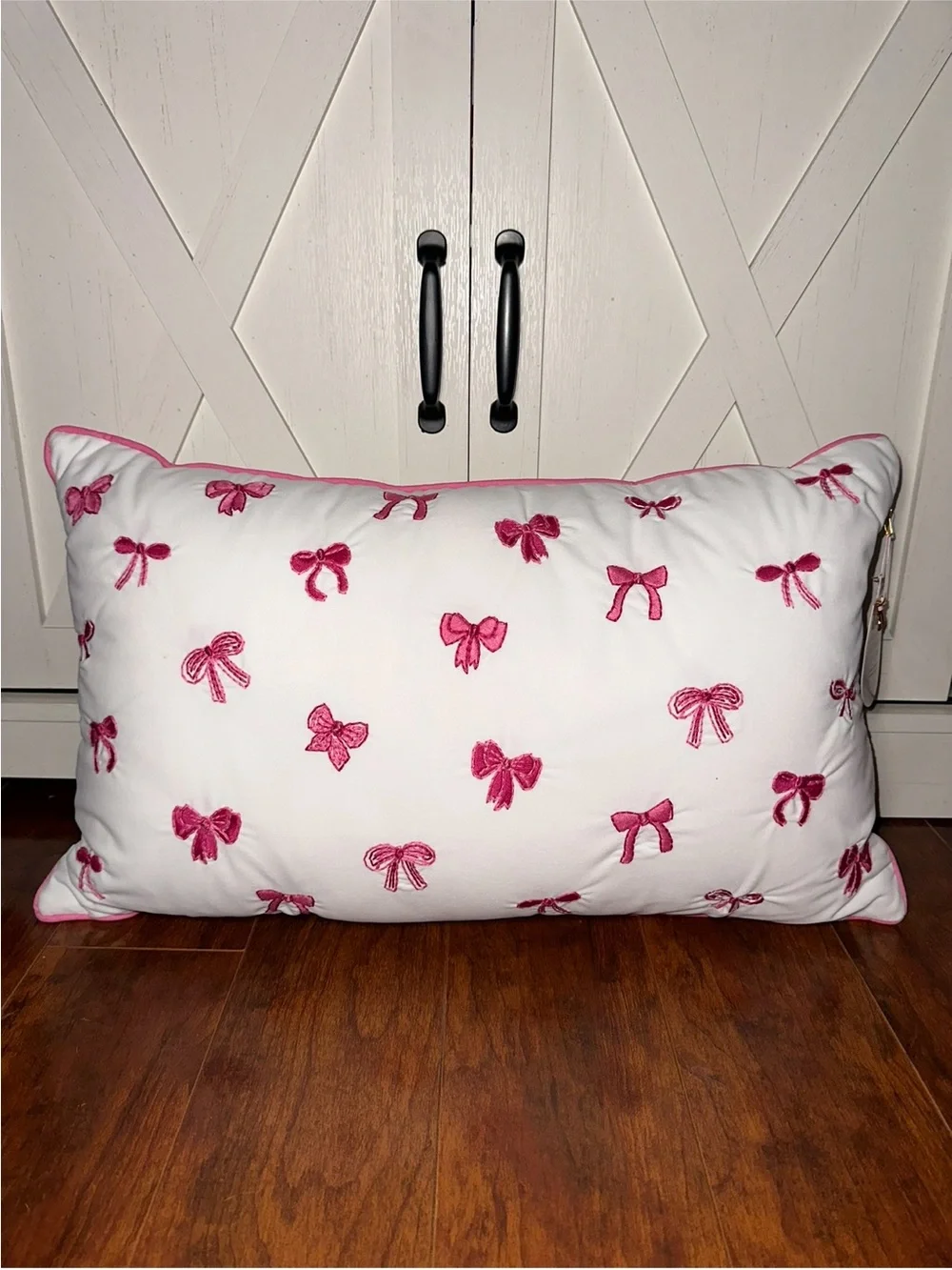 Hot Pink Bow Embroidered Accent Decorative Pillow
